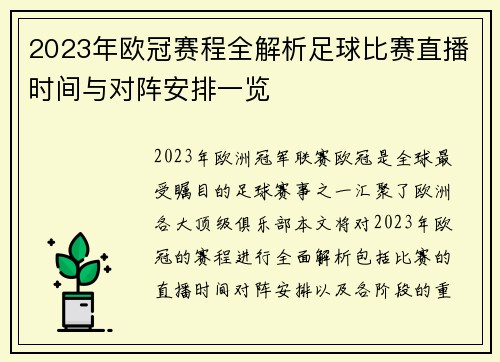 2023年欧冠赛程全解析足球比赛直播时间与对阵安排一览